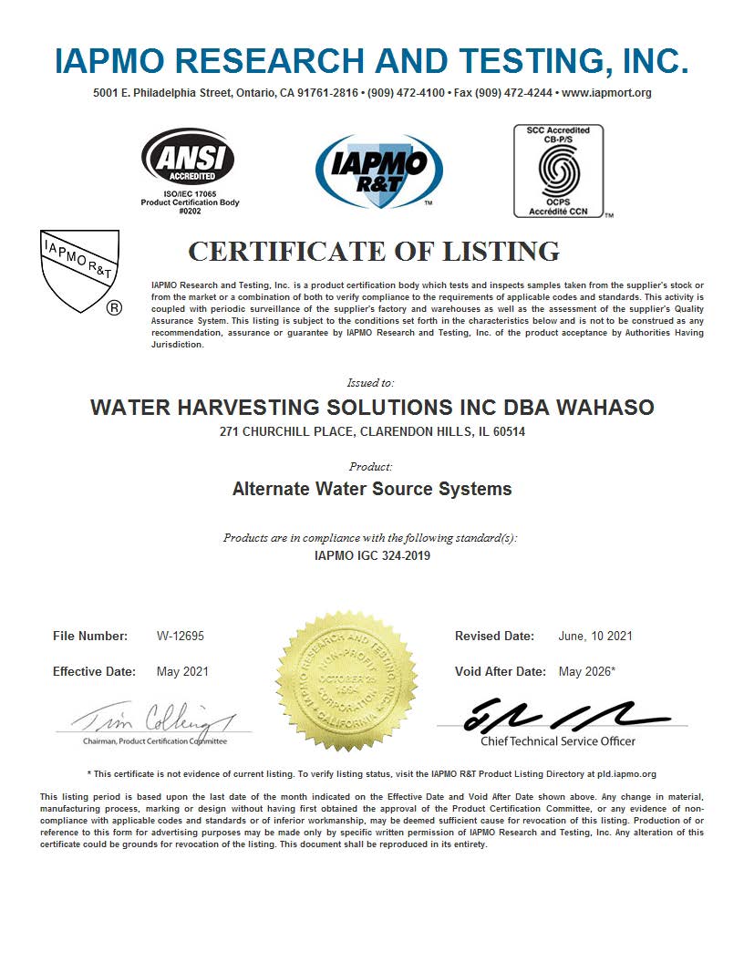 Wahaso-Commercial-Water-Harvesting-IAPMO-324-Certificate